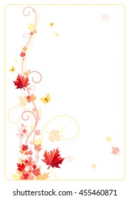 Autumn background with red, orange falling maple leafs, yellow butterflies, abstract wave lines, swirls and copy space for text. Seasonal vector illustration.