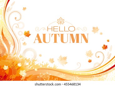 Autumn background with red, orange falling maple leaves, yellow butterflies, abstract wave lines, swirls, grunge elements and copy space for text. Seasonal fall vector illustration.