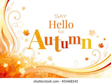 Autumn background with red, orange falling maple leaves, yellow butterflies, abstract wave lines, swirls, grunge elements and copy space for text. Seasonal fall vector illustration.