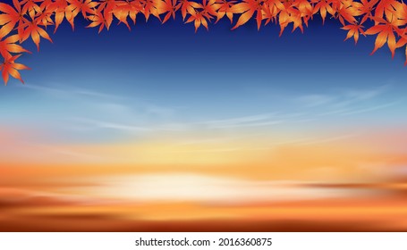 Autumn background with red and orange maple leaves frame on twilight dusk Sky in Evening,Vector horizon Autumnal banner of colouful sky with leaves for Thanksgiving day or Fall season Sale background