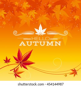 Autumn background with red, orange maple leafs, abstract wave lines, swirls and copy space for text. Seasonal vector illustration.