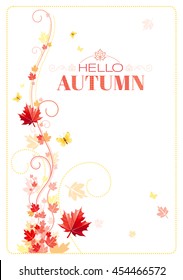 Autumn background with red, orange maple leafs, yellow butterflies, abstract wave lines, swirls and copy space for text. Seasonal vector illustration.
