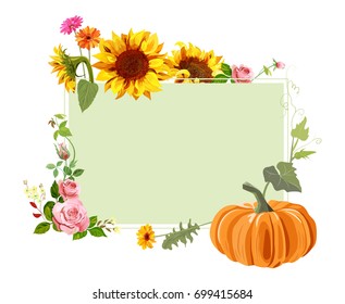 Autumn background: red roses, orange pumpkin, yellow sunflowers, gerbera daisy flower. Digital draw, illustration in watercolor style, mock-up, template, floral frame for design, vector