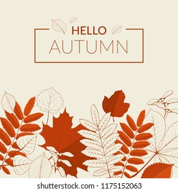 Autumn background. Red tree leaves on beige background. Vector illustration. Maple, rowan, birch, hornbeam, chestnut, hawthorn, poplar.