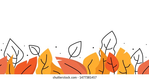 Autumn background with red and yellow leaves. Seamless vector border isolated on white. Trendy flat style for banner, cover, greeting card, advertisement and etc.