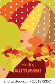 Autumn background with a red-haired girl under an umbrella and flying multi-colored leaves. Bright abstract poster with a woman walking in the rain with an umbrella in her hands. Banner, flyer, label