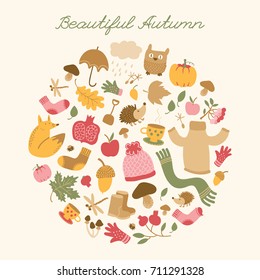 Autumn background round composition in doodle style with plenty of isolated decorative cartoon icons inscribed in circle vector illustration