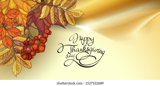 Autumn background with Rowan and maple leaves. Suitable for greeting cards, harvest festival, thanksgiving, birthday, wedding, big sales, discounts, promotions, product labels