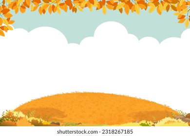 Autumn background with rural grass field landscape, maple leaves border on cloud and blue sky background,Vector cute cartoon with copy space for Hello Autumn,Thanksgiving,Mid Autumn Banner Sale,Promo