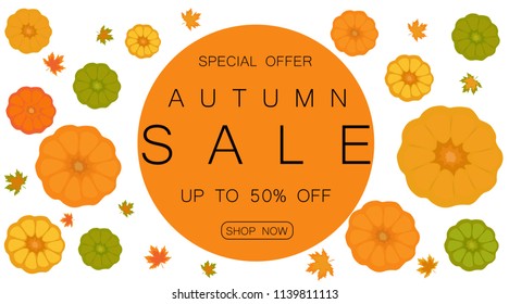 Autumn background, sale banner with leaves and pumpkins. Vector illustration.