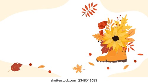 Autumn background for sale, card, banner, poster. Autumn frame with boots, leaves, flowers and berries. Vector illustration.