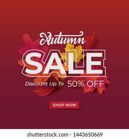 Autumn background sale layout typography decorate with leaves for greeting promo poster or web banner.Vector illustration template.