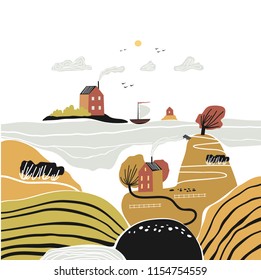 Autumn background. Scandinavian landscape. Childish colorful pattern with hills, valleys and houses. Bright spring landscape