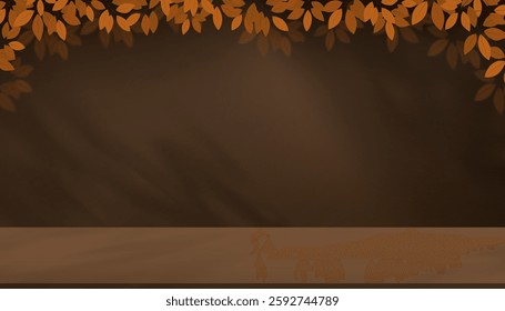 Autumn background scene with orange leaves on wall studio room with sunlight for thanksgiving,holiday banner.Natural seasonal for fall season product design 