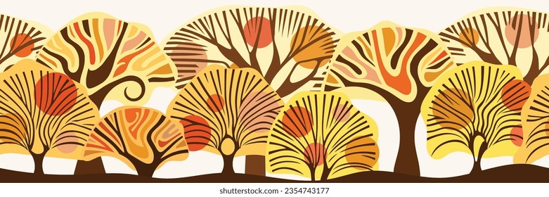 Autumn background, seamless border, autumn stylized trees, vector design