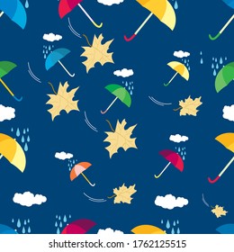 Herbsthintergrund. nahtloses Muster mit süßem Regenschirm und Regenwolken. Vektorgrafik