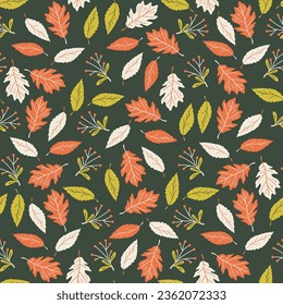 Autumn background. Seamless pattern with falling leaves and berries. Perfect for wallpaper, wrapping paper, textile, web page background, greeting cards. Bright colors flat vector illustration.