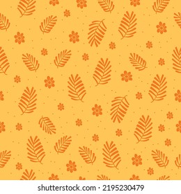 autumn background. seamless pattern with flower and palm leaf illustration on orange background. hand drawn vector. floral background. doodle art for wallpaper, wrapping paper and gift, backdrop. 