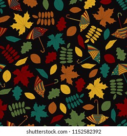 Autumn background. Seamless pattern with hand-drawn colorful umbrellas and leaves