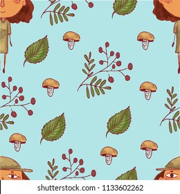 Autumn background. Seamless pattern with leaves, branches, berries, acorns, mushroom, animal. Hand drawn texture with owl,bird, fox, hedgehog