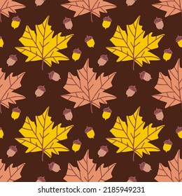 Autumn background, seamless pattern with leaves and acorns. Hello autumn. For prints, for fabric, for textile designs, for wrapping paper.