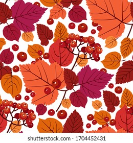 Autumn background. Seamless pattern on a white background. Leaves and berries. Vector illustration