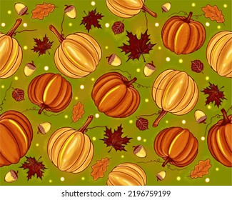 Autumn background seamless texture with colorful pumpkins, pumpkin harvest, halloween background, vector, hand drawn,