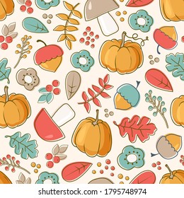 Autumn background. Seamless vector pattern with acorns, leaves, pumpkins, berries, mushrooms and autumn flowers.