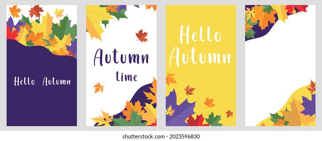 Autumn background set with leaves and hello Autumn lettering text. Fall seasonal design for banner, poster, card, print, sale, advertising etc. Flat style vector illustration