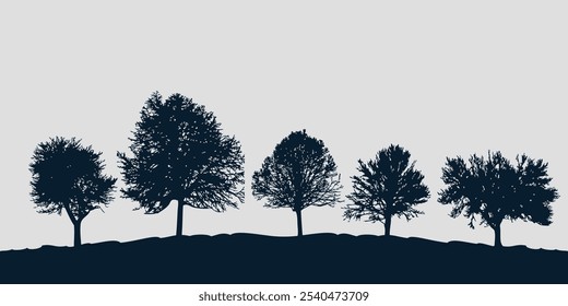Fondo de otoño. Siluetas de árboles con ramas desnudas que crecen en una colina. Vector sobre un fondo gris