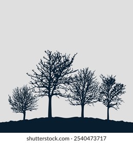 Fondo de otoño. Siluetas de árboles con ramas desnudas que crecen en una colina. Vector sobre un fondo gris