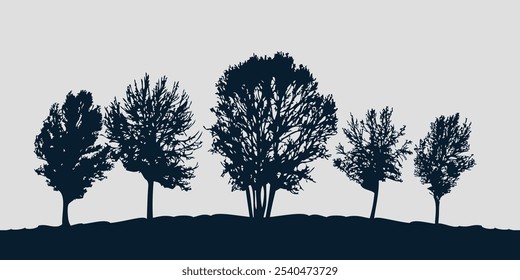 Autumn background. Silhouettes of trees with bare branches growing on a hill. Vector on a gray background