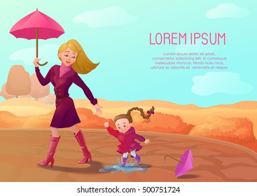 Autumn background with smiling mother and daughter walking at th