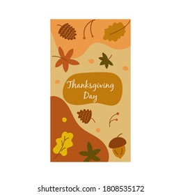 Autumn background for social media stories. Abstract banner with leaves, pine cone and rowan berries. Event promotion concept, autumn sale, invitation. Vector illustration flat style. Thanksgiving