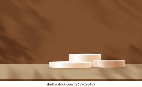 Autumn Background Studio with Light,Shadow on 3d beige Round Podium Display for Fall Product Design Banner,Vector Abstract minimalist stage mockup of pedestal platform with brown wall interior room