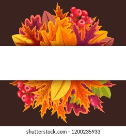 Autumn background with stylized leaves of different trees, rosehip branches and rowan berries. Vector eps10 illustration.