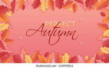 Autumn Background Template with Beautiful Leaves and Raindrops, Fall Illustration with Paper Art for Web Banner, Card Template, Wallpaper, Cover, Invitation in vector