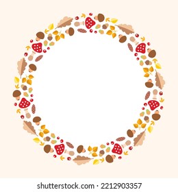 Autumn background template. Circle frame of fall leaves, herbs and berries with blank space for text or photo. Vector 10 EPS.