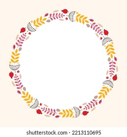 Autumn background template. Circle frame of fall leaves, herbs and berries with blank space for text or photo. Vector 10 EPS.