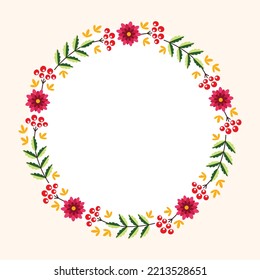 Autumn background template. Circle frame of fall leaves, herbs and berries with blank space for text or photo. Vector 10 EPS.