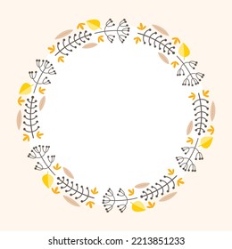 Autumn background template. Circle frame of fall leaves, herbs and berries with blank space for text or photo. Vector 10 EPS.