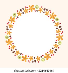 Autumn background template. Circle frame of fall leaves, herbs and berries with blank space for text or photo. Vector 10 EPS.