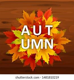 Autumn Background Template, with falling bunch of leaves on wooden boards, shopping sale or seasonal poster for shopping discount promotion, Postcard and Invitation card. Vector illustration Voucher