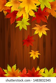 Autumn Background Template, with falling bunch of leaves on wooden boards, shopping sale or seasonal poster for shopping discount promotion, Postcard and Invitation card. Vector illustration Voucher