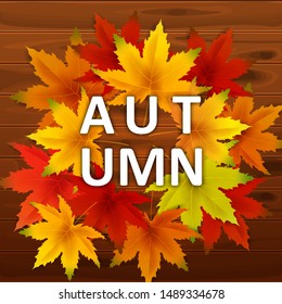 Autumn Background Template, with falling bunch of leaves on wooden boards, shopping sale or seasonal poster for shopping discount promotion, Postcard and Invitation card. Vector illustration Voucher
