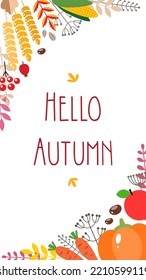 Autumn background template. Frame of fall leaves, herbs and berries with blank space for text or photo. Floral backdrop for web, social networks and stories. Vector 10 EPS.
