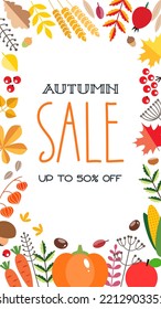 Autumn background template. Frame of fall leaves, herbs and berries with blank space for text or photo. Floral backdrop for web, social networks and stories. Vector 10 EPS.