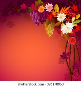 The autumn background template for invitation or menu. On top is autumn flowers, leaves, berries and grapes. On the background is autumn leaves.