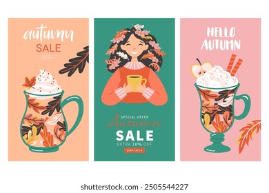 Autumn background template for social media, banner or poster design. Cute girl character and hot drink in cup with fall leaves creative concept.