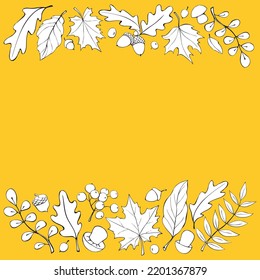 Autumn background, template with space and border of leaves, mushrooms, acorns, berries on edges. For ending, frame, children's print. Theme is forest, happy fall, thanksgiving
